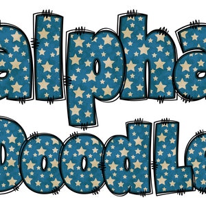May include: Alpha Doodle text with a blue background and white stars. The text is outlined in black and has a stitched look.