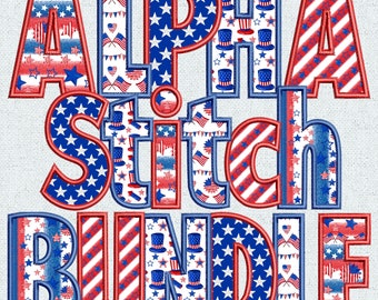 Faux Embroidery Alphabet BUNDLE, 6 Alpha Sets, Patriotic Letters PNG, 4th of July, Independence Day, Alpha Doodle, USA Flag, Alpha Pack 12FE