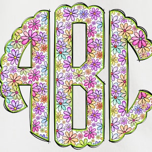 Spring Monogram PNG, Flower Monogram, Spring Floral Monogram, Alpha Doodle, Doodle Monogram, Round Monogram, Circle Scalloped Monogram 3B