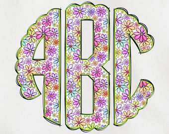 Spring Monogram PNG, Flower Monogram, Spring Floral Monogram, Alpha Doodle, Doodle Monogram, Round Monogram, Circle Scalloped Monogram 3B
