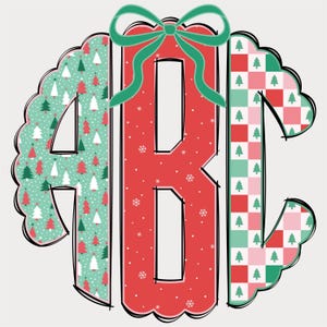 May include: A festive Christmas monogram design featuring the letters ABC. The letters are decorated with holiday patterns, including Christmas trees, snowflakes, and a checkered pattern. A green bow adorns the top, adding a decorative touch.