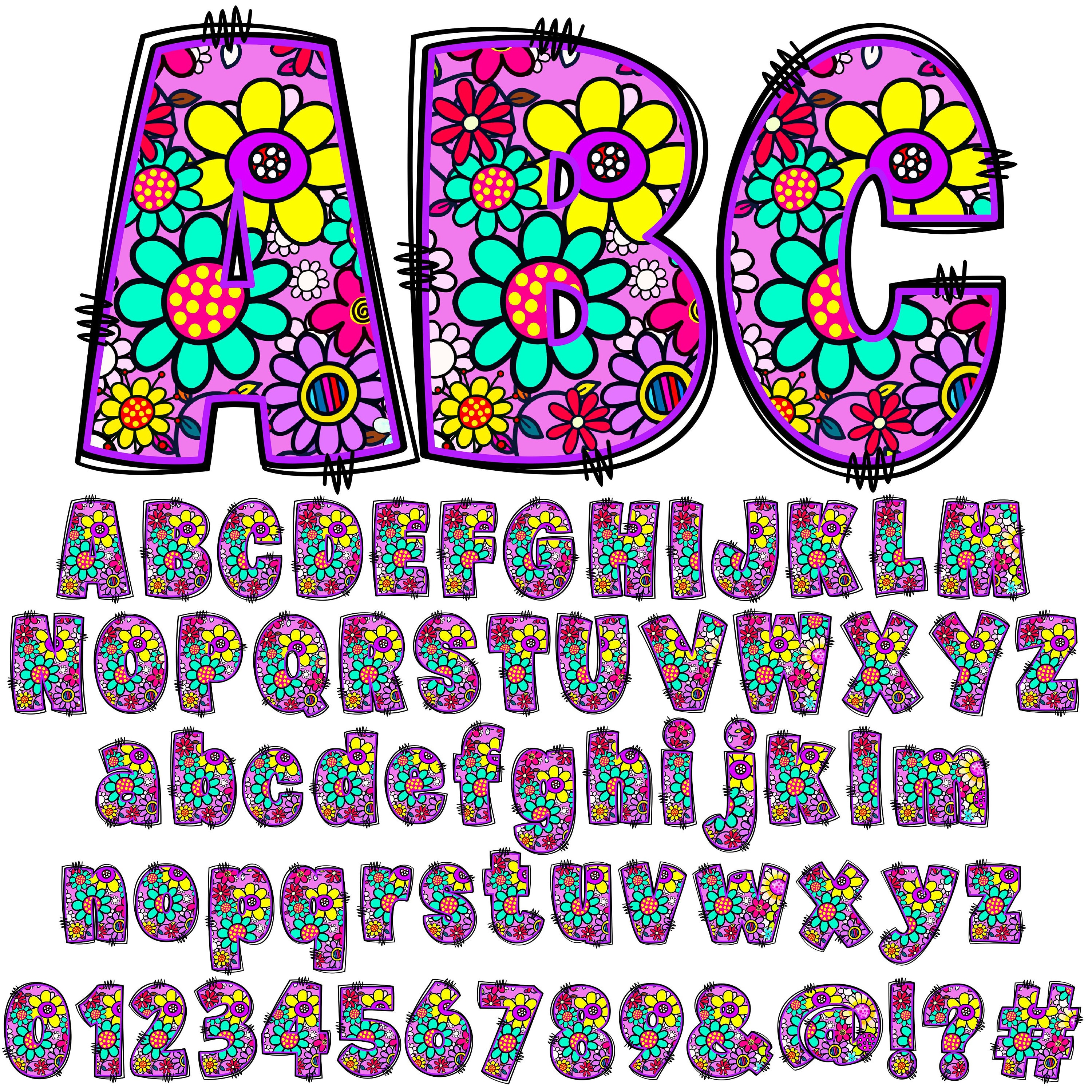 BUNDLE Spring Alphabet PNG, Groovy Floral Doodle, PNG Letters, Retro ...