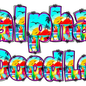 Alfabeto de verano PNG, Alfabeto de playa de puesta de sol tropical, Letras PNG, Doodle tropical, Doodle de puesta de sol, Doodle de playa, Doodle de paquete alfa de verano 9A