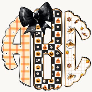 May include: A Halloween-themed monogram design featuring the letters "ABC" in a circular arrangement. The letters are decorated with a black bow, orange plaid, a black and white checkerboard pattern with jack-o'-lanterns, and other Halloween-themed graphics.