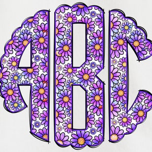 Spring Monogram PNG, Flower Monogram, Spring Floral Monogram, Alpha Doodle, Doodle Monogram, Round Monogram, Circle Scalloped Monogram 3A