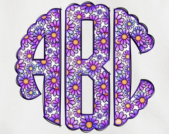 Spring Monogram PNG, Flower Monogram, Spring Floral Monogram, Alpha Doodle, Doodle Monogram, Round Monogram, Circle Scalloped Monogram 3A