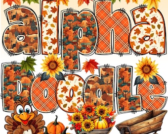 May include: A colorful autumn-themed graphic with the text "Alpha Doodle" in a black outlined font. The graphic features a variety of fall colors, including orange, red, yellow, and brown. There are also images of pumpkins, a turkey, and a wagon.