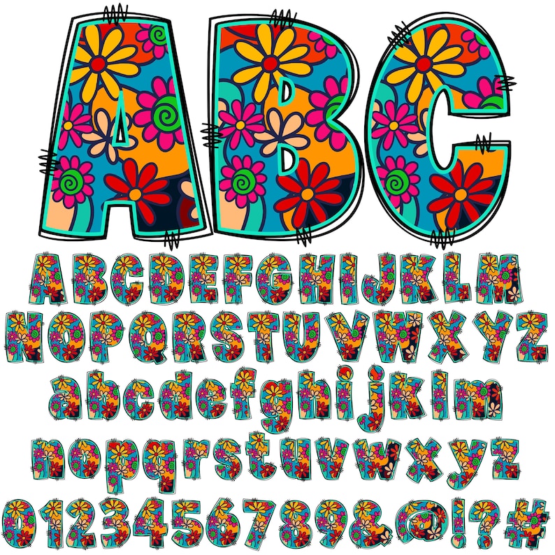 BUNDLE Spring Alphabet PNG, Groovy Floral Doodle, PNG Letters, Retro ...