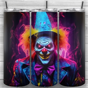 Vaso de payaso aterrador de neón, payaso aterrador de Halloween, vaso flaco de 20 oz PNG, diseño de sublimación, envoltura de vaso, cónico recto, diseño 197