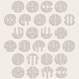 May include: A set of 26 monogrammed circles with a floral pattern. Each circle features a different letter of the alphabet, from A to Z. The circles are white with a light blue floral pattern and a gold outline.