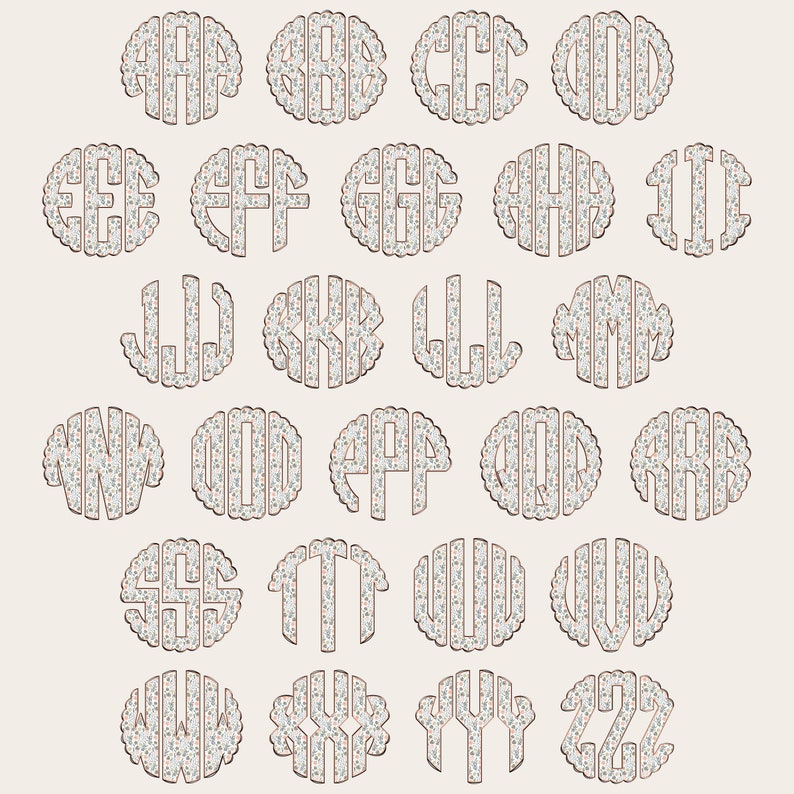 May include: A set of 26 monogrammed circles with a floral pattern. Each circle features a different letter of the alphabet, from A to Z. The circles are white with a light blue floral pattern and a gold outline.