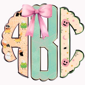 May include: A Halloween-themed monogram design featuring the letters ABC. The letters are decorated with spiderwebs, pumpkins, ghosts, and other spooky characters. A large pink bow is placed at the top of the design. The color palette includes orange, green, and pink.