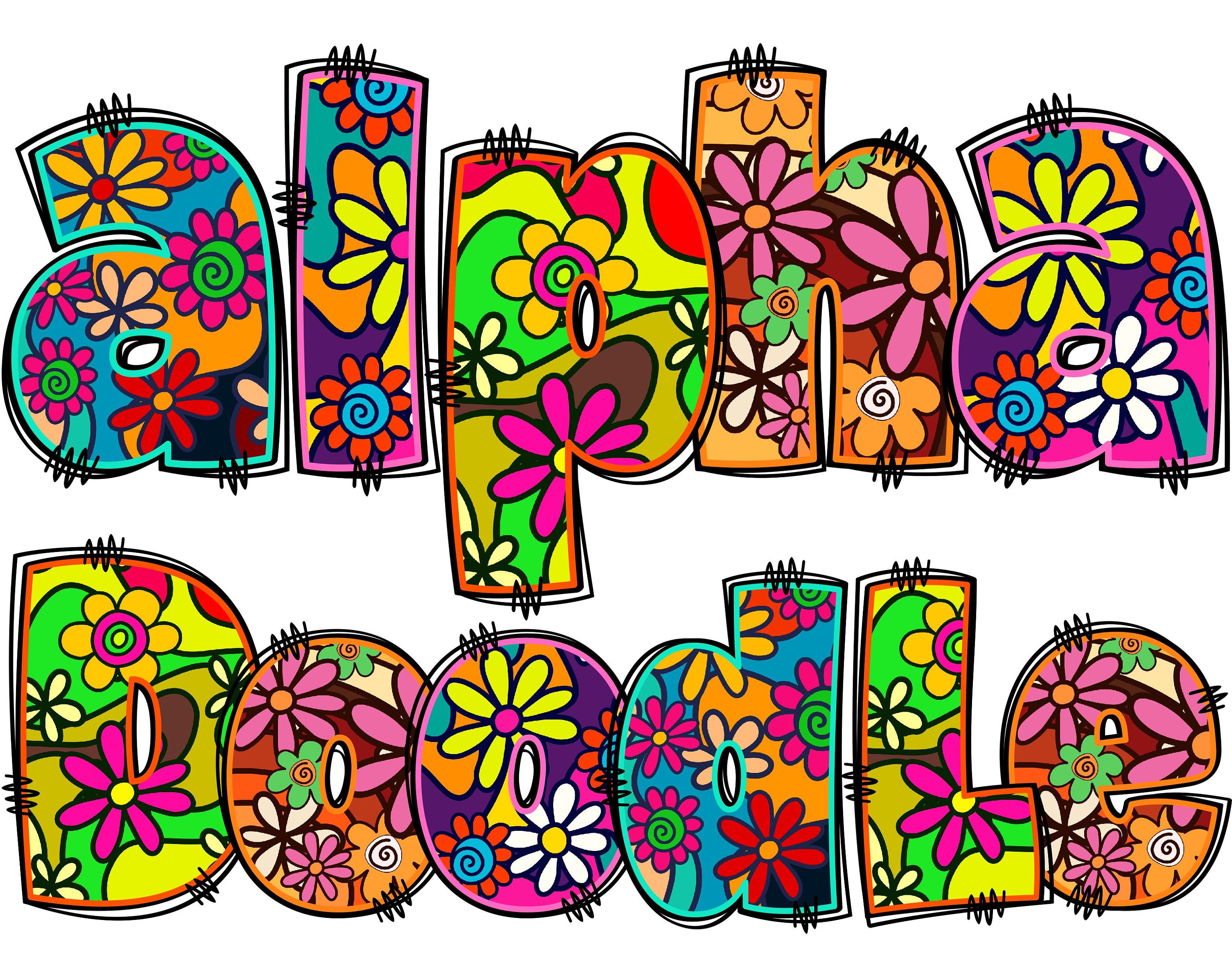 BUNDLE Spring Alphabet PNG, Groovy Floral Doodle, PNG Letters, Retro ...