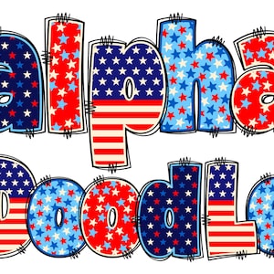 BUNDLE Patriotic Alphabet PNG, 4th of July, Independence Day, Alpha Doodle, American Doodle, Alpha Pack, US Flag, American, Doodle 2