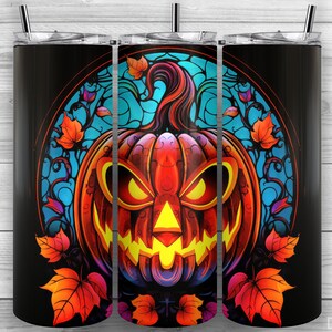 Jack-O&#39;-Lantern Tumbler, Stained Glass Pumpkin, 20oz Skinny Tumbler PNG, Sublimation Design, Tumbler Wrap, Straight Tapered, Design 300
