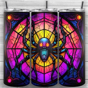 Halloween Spider Tumbler, Stained Glass Spider, 20oz Skinny Tumbler PNG, Sublimation Design, Tumbler Wrap, Straight Tapered, Design 286
