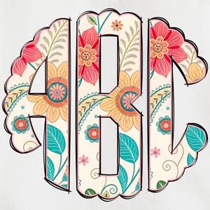 May include: A floral monogram design featuring the letters "ABIC" in a decorative, scalloped frame. The letters are filled with a cream-colored background and adorned with colorful flowers, leaves, and vines in shades of red, orange, and teal.