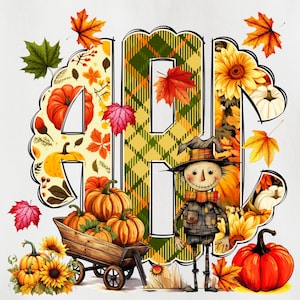 May include: A colorful fall-themed monogram with a scarecrow, pumpkins, and leaves. The monogram is in the shape of the letters "ABC" and is surrounded by a wreath of fall foliage.