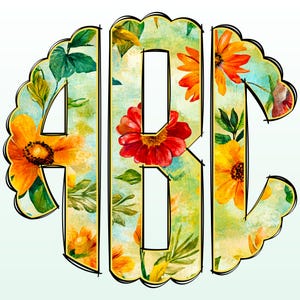 Spring Monogram PNG, Floral Monogram, Summer Floral Monogram, Alpha Doodle, Doodle Monogram, Round Monogram, Circle Scalloped Monogram 25