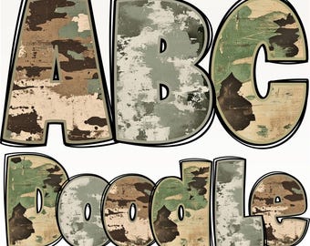 Bundle alphabet camouflage PNG, lettres camouflage, lettres PNG, 3 jeux, alphabet militaire, Doodle camouflage, Doodle armée, Alpha Doodle 6'