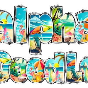 PAQUETE Alfabeto de verano PNG, Doodle tropical, Letras PNG, Letras de playa, Doodle alfa, Doodle de playa, Sunset Beach, Paquete alfa de verano 18
