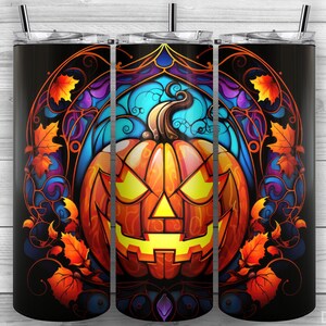 Jack-O&#39;-Lantern Tumbler, Stained Glass Pumpkin, 20oz Skinny Tumbler PNG, Sublimation Design, Tumbler Wrap, Straight Tapered, Design 177
