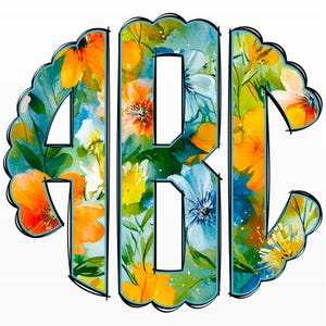 Spring Monogram PNG, Floral Monogram, Summer Floral Monogram, Alpha Doodle, Doodle Monogram, Round Monogram, Circle Scalloped Monogram 26