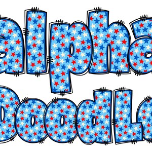 Patriotic Alphabet PNG, 4th of July, Independence Day, Alpha Doodle, PNG Letters, American Doodle, Alpha Pack, Stars, Light Blue, Doodle 2B
