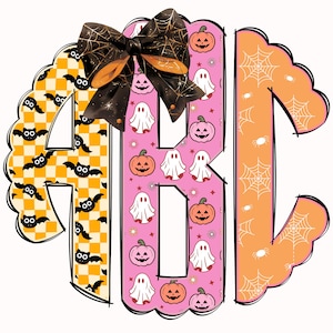 May include: A Halloween-themed monogram design featuring the letters ABC. The letter A has a yellow and orange checkered pattern with bats and owls. The letter B is pink with pumpkins and ghosts. The letter C is orange with spiderwebs. A black bow with spiderwebs accents the top.