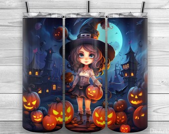 Vaso de bruja de Halloween, Bruja linda, Calabazas, Vaso flaco de 20 oz PNG, Diseño de sublimación, Envoltura de vaso, Cónico recto, Diseño 295
