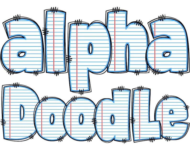 Puede incluir: Texto Alpha Doodle en azul y rojo sobre un fondo blanco. Las letras est&aacute;n delineadas en negro y tienen una textura de papel de cuaderno.