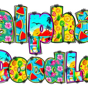 Puede incluir: Diseño gráfico colorido con el texto "alpha doodle" en un tema veraniego. Las letras están decoradas con imágenes de piñas, sandía, tablas de surf y palmeras.