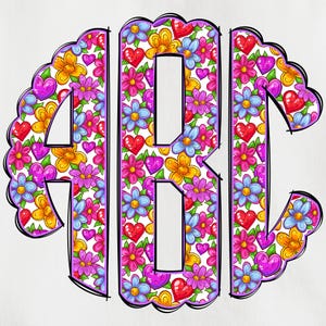 Spring Monogram PNG, Flower Monogram, Spring Floral Monogram, Alpha Doodle, Doodle Monogram, Round Monogram, Circle Scalloped Monogram 19C