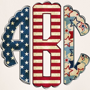 Patriotic Vintage Monogram PNG, 4th of July Monogram, Distressed Monogram, Doodle Monogram, Round Monogram, Circle Scalloped Monogram 8