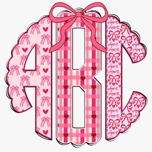 May include: A pink monogram design featuring the letters "ABC" in a circular arrangement. The letters are filled with patterns of bows, hearts, and plaid. A large pink bow adorns the top, with a scalloped edge.