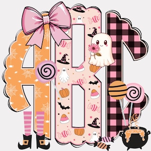 May include: A whimsical Halloween-themed design featuring the letters "ABT" in orange, pink, and black. The design includes a pink bow, witch hats, ghosts, pumpkins, candy, and a cauldron. The letter "A" has witch legs.