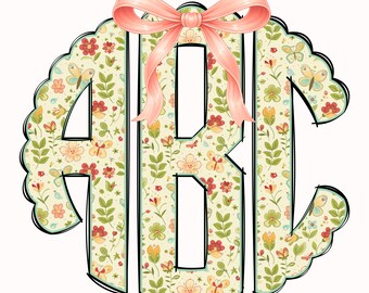 Spring Monogram PNG Bundle, Easter Alpha Doodle, Coquette, Preppy, Circle Scalloped CS 66C