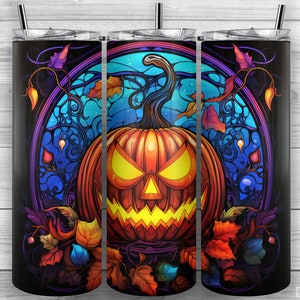 Jack-O&#39;-Lantern Tumbler, Stained Glass Pumpkin, 20oz Skinny Tumbler PNG, Sublimation Design, Tumbler Wrap, Straight Tapered, Design 271