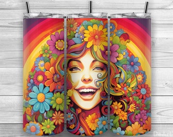 Retro Smiley Girl, Blumen Tumbler, Retro Girl, 20oz Skinny Tumbler PNG, Sublimation Design, Tumbler Wrap, Straight Tapered, Design 167