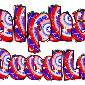 Patriotic Alphabet PNG, 4th of July, Independence Day, Alpha Doodle, PNG Letters, American Doodle, Alpha Pack, US Flag, Tie Dye, Doodle 1D
