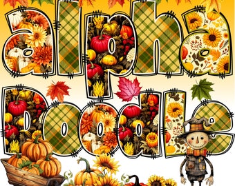Può includere: Un design autunnale colorato con le parole "alpha doodle" in un motivo a quadri. Il design presenta zucche, foglie e fiori. Uno spaventapasseri con una camicia e un cappello a quadri si trova di fronte al design.