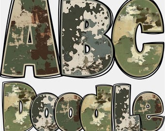 Bundle alphabet camouflage PNG, lettres camouflage, lettres PNG, 3 jeux, alphabet de l'armée, Doodle camouflage, Doodle armée, Alpha Doodle 5'
