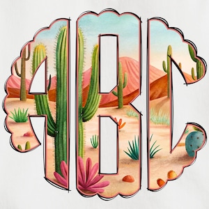 May include: A desert-themed monogram design featuring the letters ABC. The letters are filled with a watercolor illustration of cacti, desert plants, and red rock formations. The letters are outlined in black with a scalloped edge.