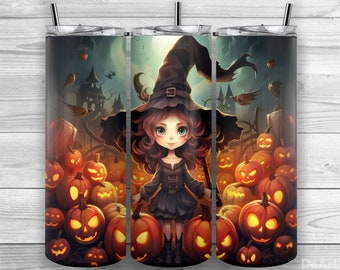 Vaso de bruja de Halloween, Bruja linda, Calabazas, Vaso flaco de 20 oz PNG, Diseño de sublimación, Envoltura de vaso, Cónico recto, Diseño 293