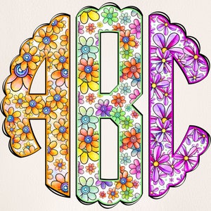 Spring Monogram PNG, Flower Monogram, Spring Floral Monogram, Alpha Doodle, Doodle Monogram, Round Monogram, Circle Scalloped Monogram 4
