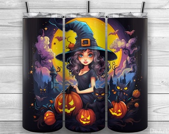Vaso de bruja de Halloween, Bruja linda, Calabazas, Vaso flaco de 20 oz PNG, Diseño de sublimación, Envoltura de vaso, Cónico recto, Diseño 292
