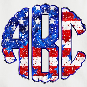 May include: A patriotic design featuring the letters "ABC" in a circular arrangement. The letters are filled with a blue background speckled with white dots and stars, and red and white stripes, evoking the American flag.
