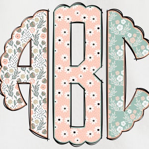 Spring Monogram PNG, Flower Monogram, Spring Floral Monogram, Alpha Doodle, Doodle Monogram, Round Monogram, Circle Scalloped Monogram 1
