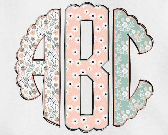 Spring Monogram PNG, Flower Monogram, Spring Floral Monogram, Alpha Doodle, Doodle Monogram, Round Monogram, Circle Scalloped Monogram 1