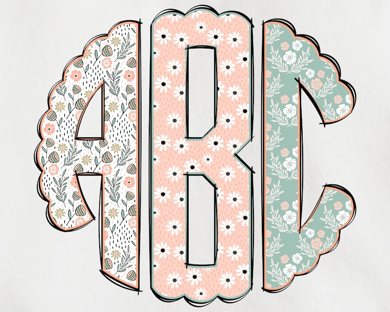 May include: A monogram design featuring the letters A, B, and C. Each letter is outlined in black and filled with a different floral pattern. The A is filled with a green and white floral pattern, the B is filled with a pink and white floral pattern, and the C is filled with a blue and white floral pattern.